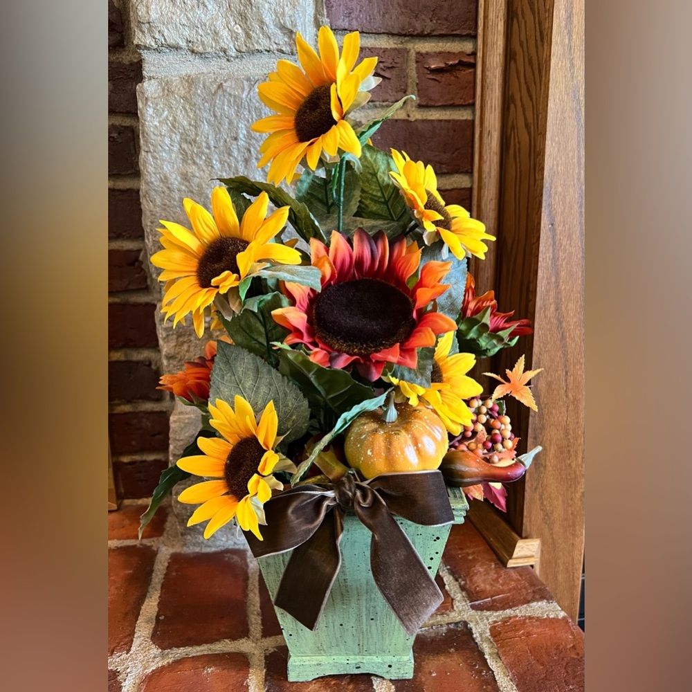 Sunflower and Pumpkin Arrangement in Green Planter Handcrafted